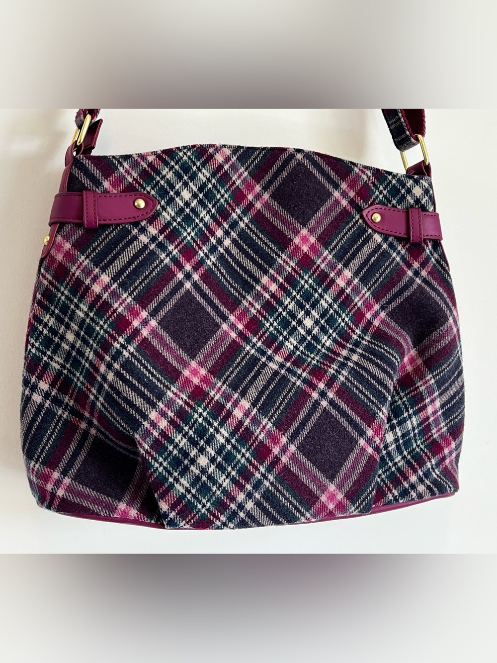 Ness Scotland Heritage Plaid Tweed Satchel Crossbody Bag - Purple/Burgundy - Picture 7 of 16